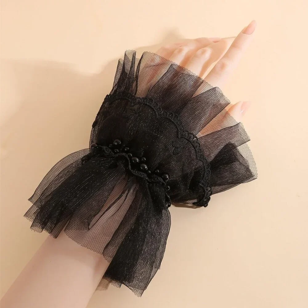 Women's Fingerless Black Pearl Tulle Short Lace Gloves Wedding Party Prom